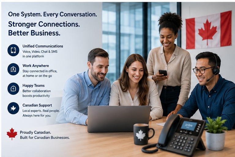 Canadian business team using unified business communications with phone, laptop and mobile devices