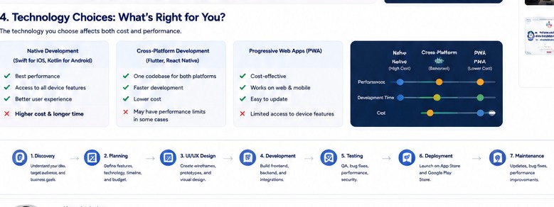 Original AI-generated visual showing the mobile app development process from discovery to maintenance