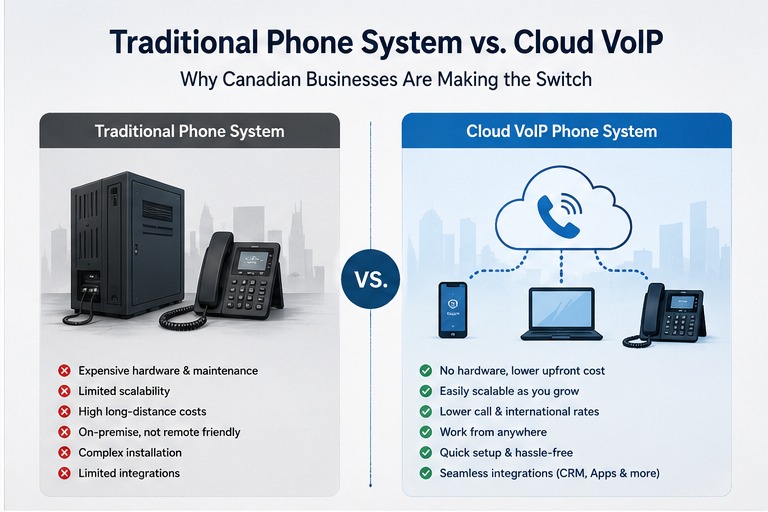Comparison of traditional business phone system and cloud VoIP phone system for Canadian businesses