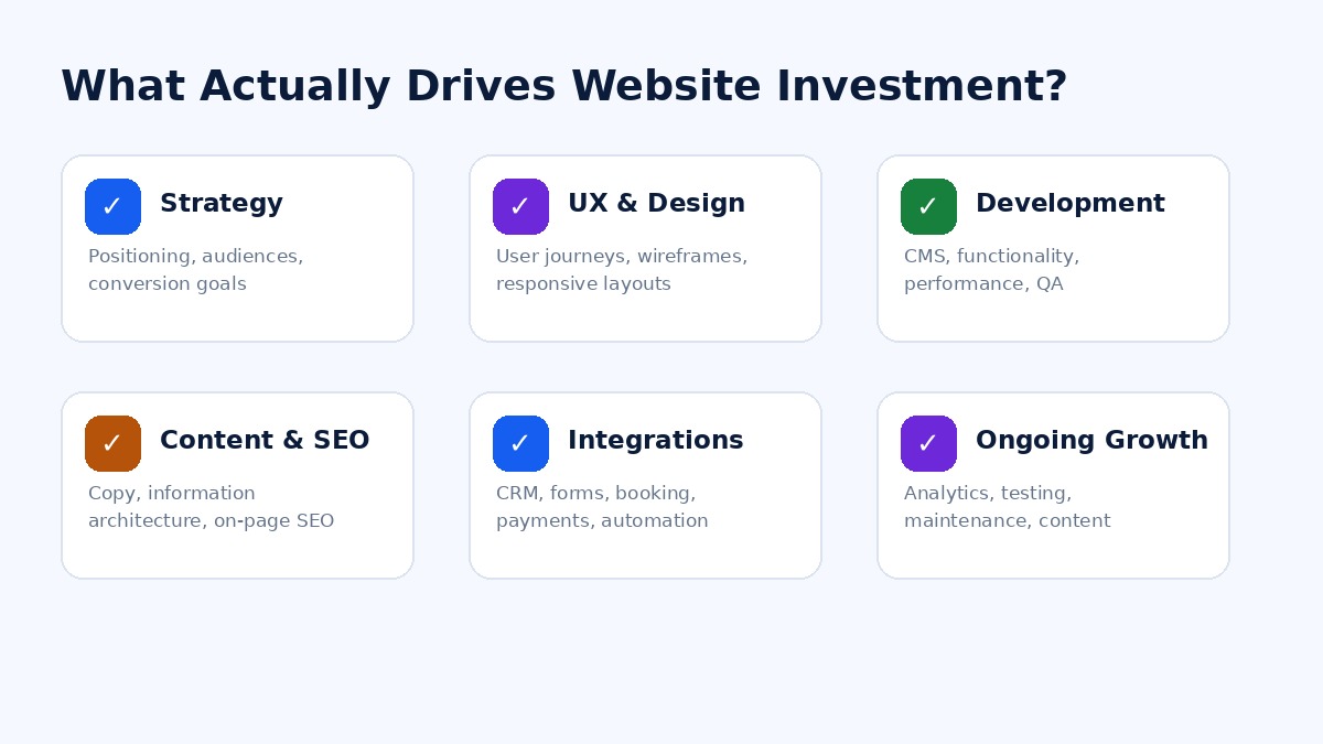 Original infographic showing strategy design development SEO integrations and other drivers of website investment