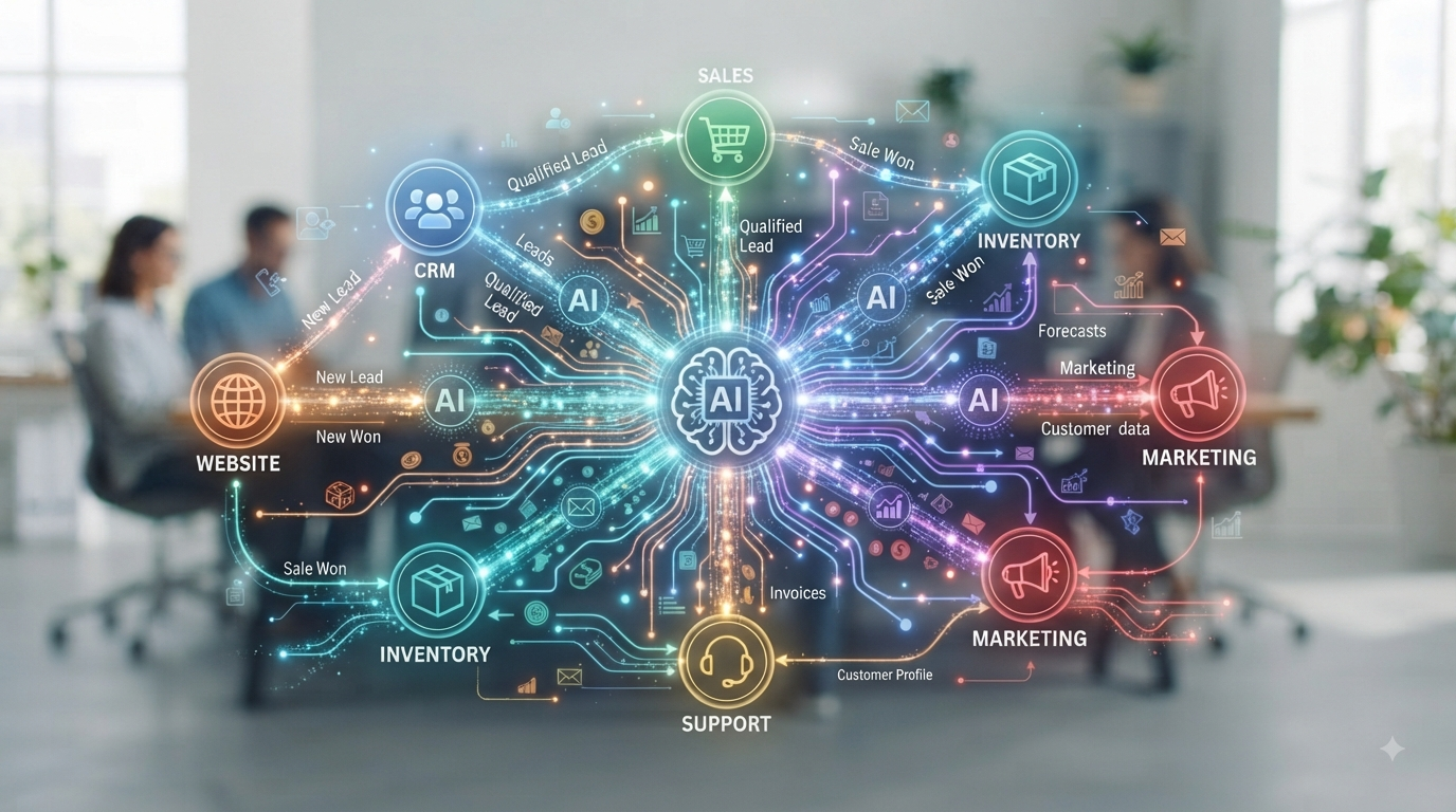 Odoo modules connected through automation — CRM, sales, inventory, marketing and support in one system