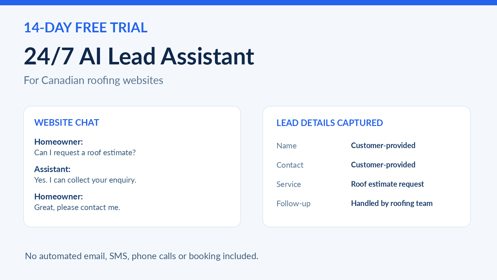 HiTech Consultancy 14 day free trial of website AI Lead Assistant for Canadian roofing companies with chat and lead capture